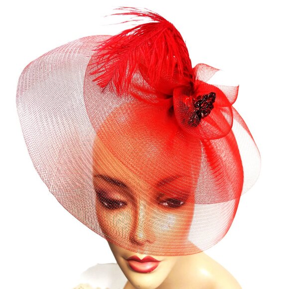 Red Mesh Fascinator Hat - Picture 2 of 11
